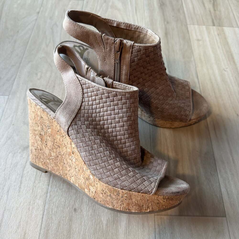 Fergalicious by Fergie Taupe Woven Cork Platform Wedge Sandals Size 9